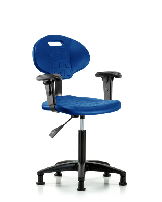 Blue Ridge Ergonomics TPMBCH-RG-A1-NF-RG-BLU Erie Polyurethane Chair - Medium Bench Height with Adjustable Arms & Stationary Glides in Blue Polyurethane