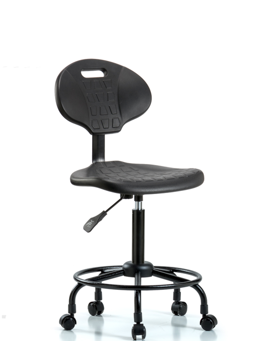 Blue Ridge Ergonomics TPMBCH-RT-A0-RC-BLK Erie Polyurethane Chair - Medium Bench Height with Round Tube Base & Casters in Black Polyurethane