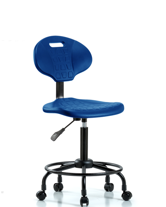 Blue Ridge Ergonomics TPMBCH-RT-A0-RC-BLU Erie Polyurethane Chair - Medium Bench Height with Round Tube Base & Casters in Blue Polyurethane