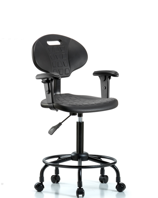Blue Ridge Ergonomics TPMBCH-RT-A1-RC-BLK Erie Polyurethane Chair - Medium Bench Height with Adjustable Arms, Round Tube Base & Casters in Black Polyurethane