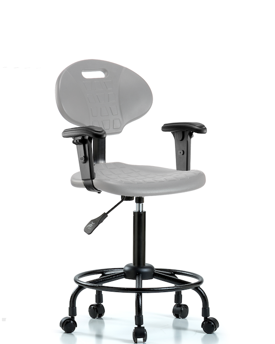 Blue Ridge Ergonomics TPMBCH-RT-A1-RC-GRY Erie Polyurethane Chair - Medium Bench Height with Adjustable Arms, Round Tube Base & Casters in Gray Polyurethane