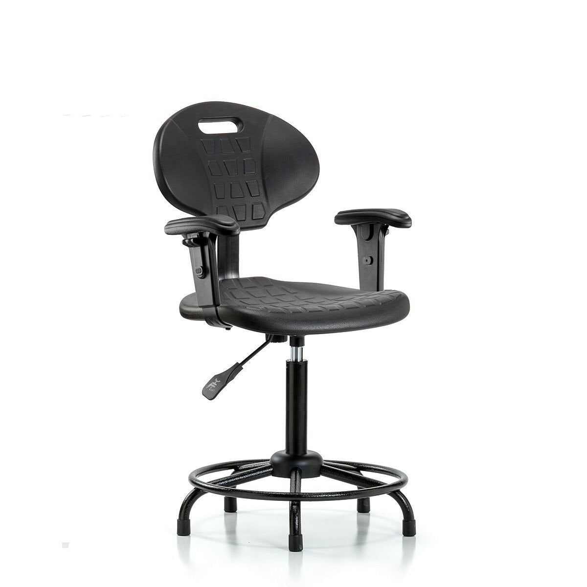Blue Ridge Ergonomics TPMBCH-RT-A1-RG-BLK Erie Polyurethane Chair - Medium Bench Height with Adjustable Arms, Round Tube Base & Stationary Glides in Black Polyurethane