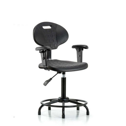 Blue Ridge Ergonomics TPMBCH-RT-A1-RG-BLK Erie Polyurethane Chair - Medium Bench Height with Adjustable Arms, Round Tube Base & Stationary Glides in Black Polyurethane
