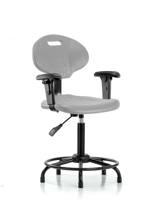 Blue Ridge Ergonomics TPMBCH-RT-A1-RG-GRY Erie Polyurethane Chair - Medium Bench Height with Adjustable Arms, Round Tube Base & Stationary Glides in Gray Polyurethane
