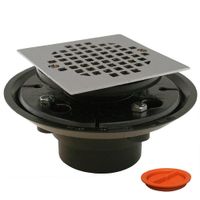 Jones Stephens D50334TP 2" x 3" ABS Shower Drain with 2" ABS Spud and 4" Square Chrome Plated Cast Strainer with Test Plug