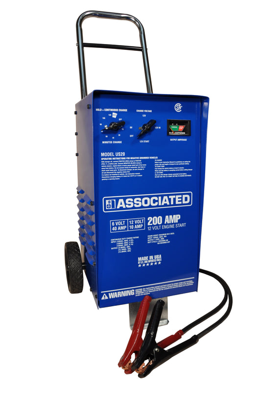 Associated Equipment US20 Charger, 6/12V 40/40/10A, 200 Amp Cranking Assist, Wheels (With Timer)