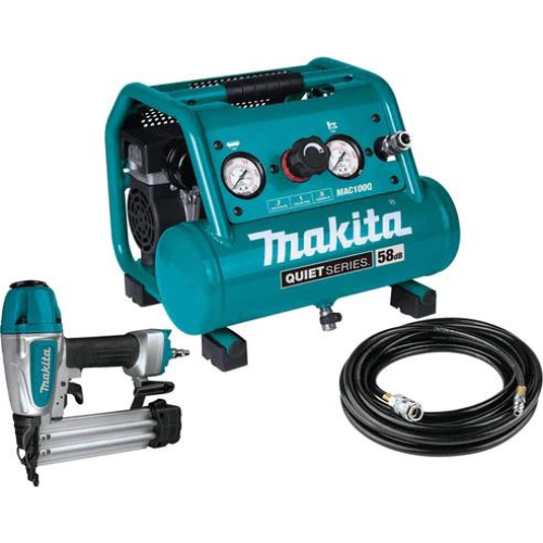 Makita MAC100QK1 Quiet Series 1/2 HP, 1 Gallon Compact, Oil‘Free, Electric Air Compressor, and 18 Gauge Brad Nailer Combo Kit