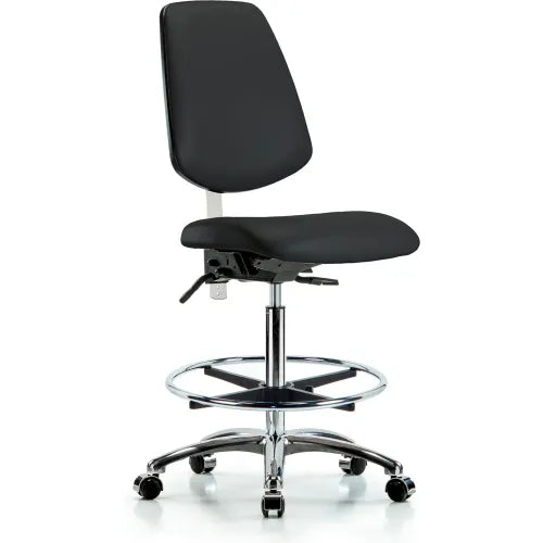 Blue Ridge Ergonomics NECR-VHBCH-MB-CR-T0-A0-CF-EG-ESDBLU Class 100 Vinyl Clean Room/ESD Chair - High Bench Height with Medium Back, Chrome Foot Ring, & ESD Stationary Glides in Blue ESD Vinyl