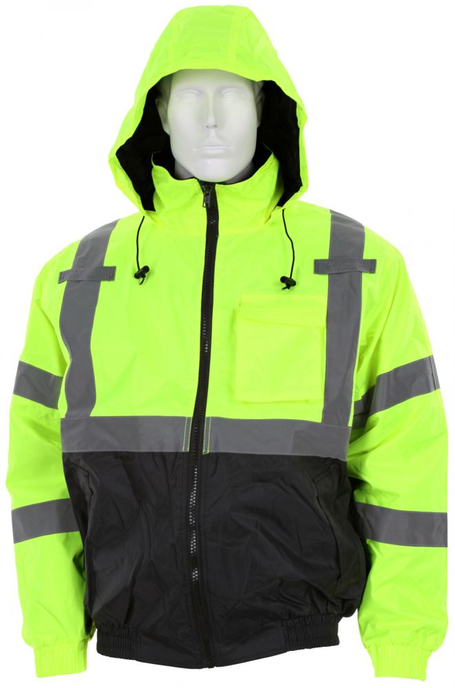 MCR Safety VBBCL3LX3 Luminator® Hi-Vis Bomber Jacket ANSI/ISEA 107 2020 Type R Class 3 Insulated Rain Jacket Fluorescent Lime/Black Silver Reflective Stripes (1 EA)