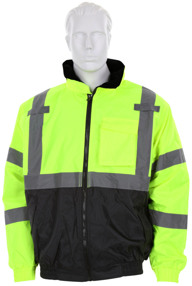 MCR Safety VBBCL3LX3 Luminator® Hi-Vis Bomber Jacket ANSI/ISEA 107 2020 Type R Class 3 Insulated Rain Jacket Fluorescent Lime/Black Silver Reflective Stripes (1 EA)