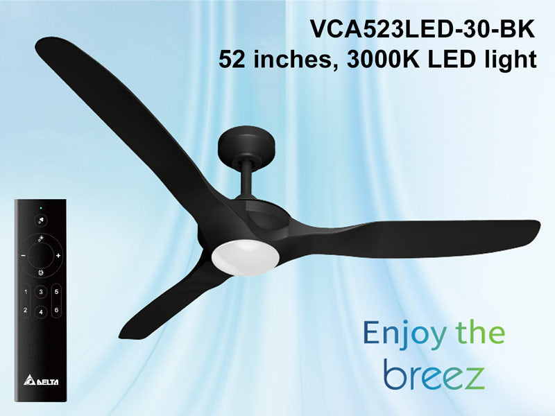 Delta Breez VCA523LED-30-BK Breez Benicia, 52-inch 3-Blade, Wet Rated, Ceiling Fan with LED Light and Remote Control (Black)