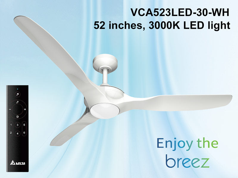 Delta Breez VCA523LED-30-WH Breez Benicia, 52-inch 3-Blade, Wet Rated, Ceiling Fan with LED Light and Remote Control (White)