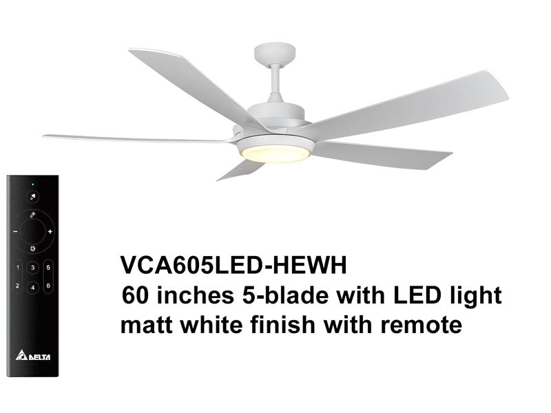 Delta Breez VCA605LED-HEWH Breez Pleasanton, 60-inch 5-Blade, Wet Rated, Ceiling Fan with LED Light and Remote Control (White)