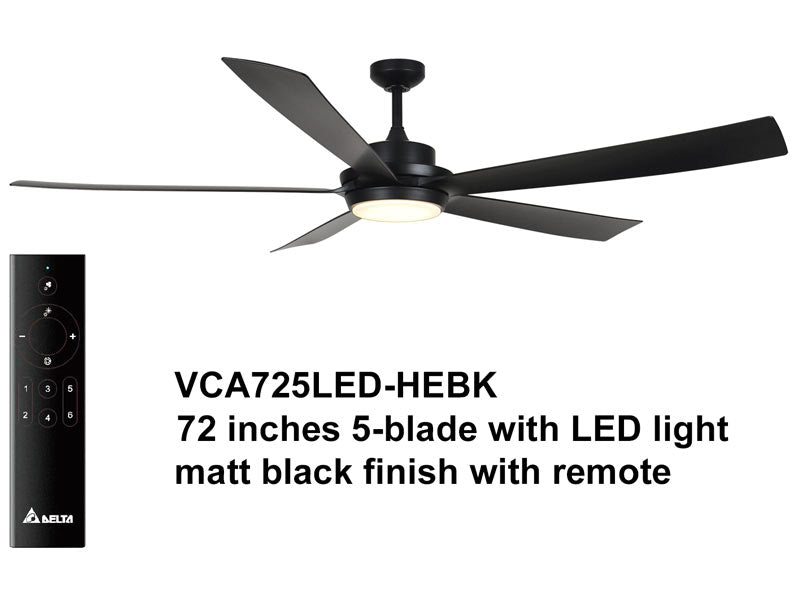 Delta Breez VCA725LED-HEBK Breez Pleasanton, 72-inch 5-Blade, Wet Rated, Ceiling Fan with LED Light and Remote Control (Black)