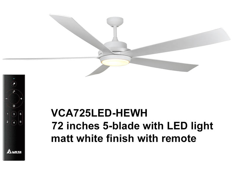 Delta Breez VCA725LED-HEWH Breez Pleasanton, 72-inch 5-Blade, Wet Rated, Ceiling Fan with LED Light and Remote Control (White)