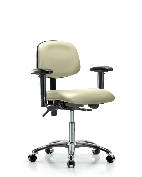 Blue Ridge Ergonomics VDHCH-CR-T0-A1-CC-8501 Rutledge Vinyl Chair Chrome - Desk Height with Adjustable Arms & Casters in Adobe White Trailblazer™ Vinyl