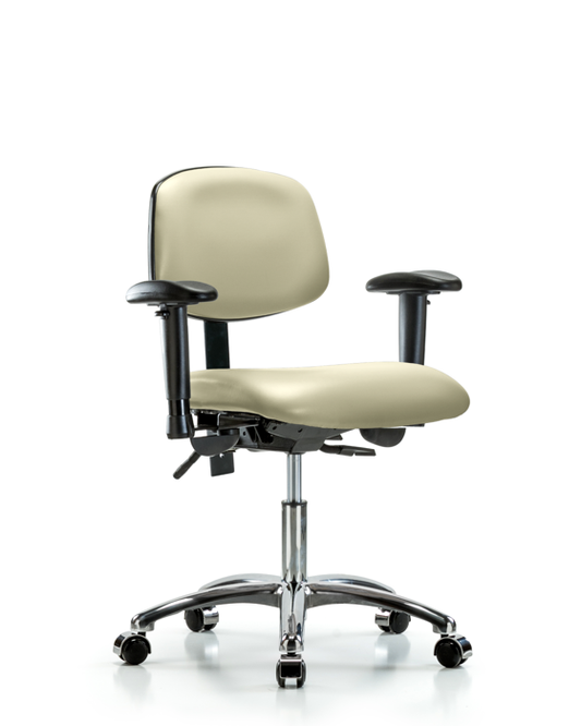 Blue Ridge Ergonomics VDHCH-CR-T0-A1-CC-8501 Rutledge Vinyl Chair Chrome - Desk Height with Adjustable Arms & Casters in Adobe White Trailblazer™ Vinyl