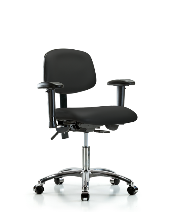 Blue Ridge Ergonomics VDHCH-CR-T0-A1-CC-8540 Rutledge Vinyl Chair Chrome - Desk Height with Adjustable Arms & Casters in Black Trailblazer™ Vinyl
