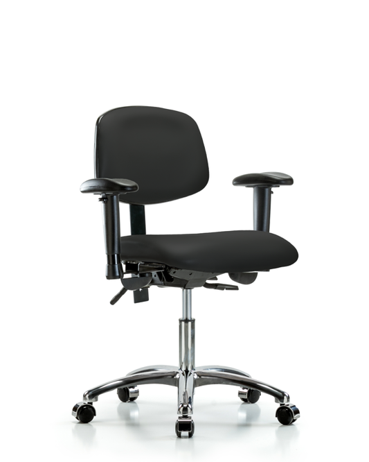 Blue Ridge Ergonomics VDHCH-CR-T0-A1-CC-8540 Rutledge Vinyl Chair Chrome - Desk Height with Adjustable Arms & Casters in Black Trailblazer™ Vinyl
