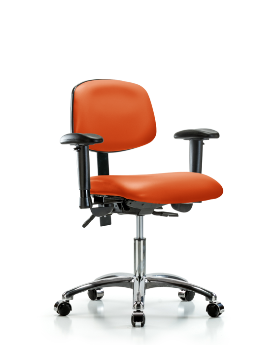 Blue Ridge Ergonomics VDHCH-CR-T0-A1-CC-8613 Rutledge Vinyl Chair Chrome - Desk Height with Adjustable Arms & Casters in Orange Kist Trailblazer™ Vinyl