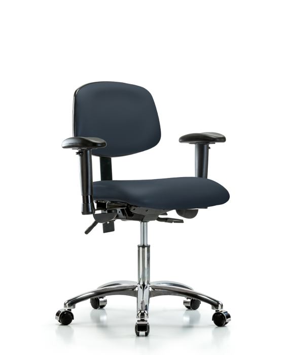 Blue Ridge Ergonomics VDHCH-CR-T1-A1-CC-8582 Rutledge Vinyl Chair Chrome - Desk Height with Seat Tilt, Adjustable Arms, & Casters in Imperial Blue Trailblazer™ Vinyl