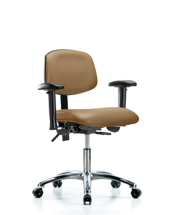 Blue Ridge Ergonomics VDHCH-CR-T1-A1-CC-8584 Rutledge Vinyl Chair Chrome - Desk Height with Seat Tilt, Adjustable Arms, & Casters in Taupe Trailblazer™ Vinyl