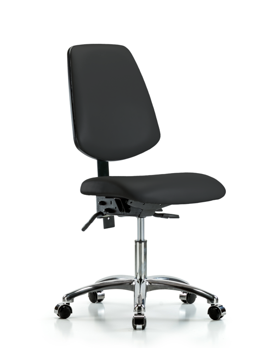 Blue Ridge Ergonomics VDHCH-MB-CR-T0-A0-CC-8540 Rutledge Vinyl Chair Chrome - Desk Height with Medium Back & Casters in Black Trailblazer™ Vinyl