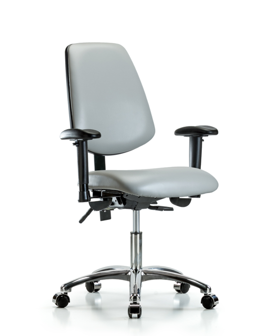 Blue Ridge Ergonomics VDHCH-MB-CR-T0-A1-CC-8567 Rutledge Vinyl Chair Chrome - Desk Height with Medium Back, Adjustable Arms, & Casters in Dove Trailblazer™ Vinyl
