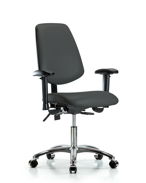 Blue Ridge Ergonomics VDHCH-MB-CR-T0-A1-CC-8605 Rutledge Vinyl Chair Chrome - Desk Height with Medium Back, Adjustable Arms, & Casters in Charcoal Trailblazer™ Vinyl