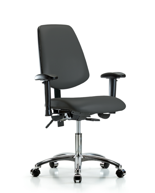 Blue Ridge Ergonomics VDHCH-MB-CR-T0-A1-CC-8605 Rutledge Vinyl Chair Chrome - Desk Height with Medium Back, Adjustable Arms, & Casters in Charcoal Trailblazer™ Vinyl