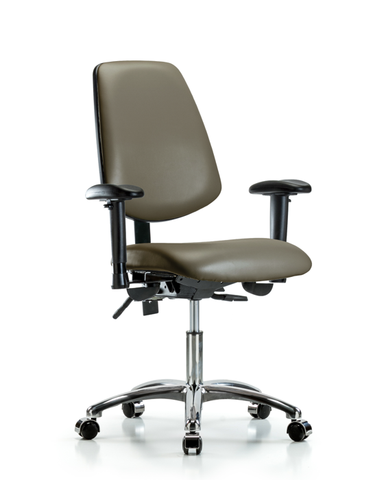 Blue Ridge Ergonomics VDHCH-MB-CR-T0-A1-CC-8809 Rutledge Vinyl Chair Chrome - Desk Height with Medium Back, Adjustable Arms, & Casters in Taupe Supernova™ Vinyl