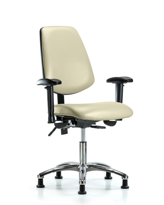 Blue Ridge Ergonomics VDHCH-MB-CR-T0-A1-RG-8501 Rutledge Vinyl Chair Chrome - Desk Height with Medium Back, Adjustable Arms, & Stationary Glides in Adobe White Trailblazer™ Vinyl