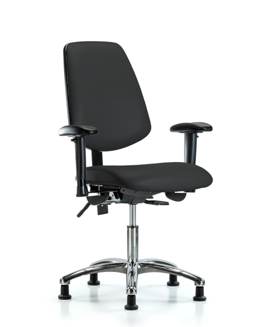 Blue Ridge Ergonomics VDHCH-MB-CR-T0-A1-RG-8540 Rutledge Vinyl Chair Chrome - Desk Height with Medium Back, Adjustable Arms, & Stationary Glides in Black Trailblazer™ Vinyl