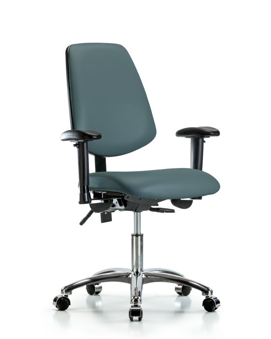 Blue Ridge Ergonomics VDHCH-MB-CR-T1-A1-CC-8546 Rutledge Vinyl Chair Chrome - Desk Height with Medium Back, Seat Tilt, Adjustable Arms, & Casters in Colonial Blue Trailblazer™ Vinyl