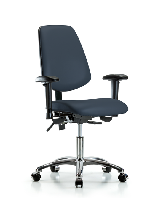 Blue Ridge Ergonomics VDHCH-MB-CR-T1-A1-CC-8582 Rutledge Vinyl Chair Chrome - Desk Height with Medium Back, Seat Tilt, Adjustable Arms, & Casters in Imperial Blue Trailblazer™ Vinyl