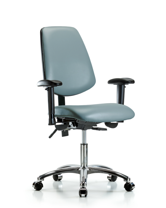 Blue Ridge Ergonomics VDHCH-MB-CR-T1-A1-CC-8822 Rutledge Vinyl Chair Chrome - Desk Height with Medium Back, Seat Tilt, Adjustable Arms, & Casters in Storm Supernova™ Vinyl