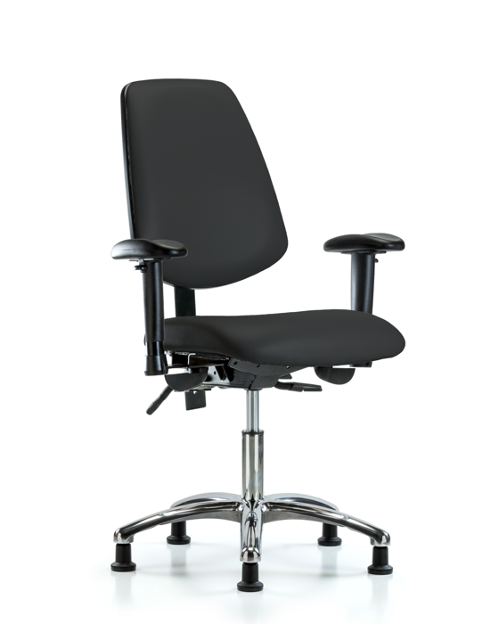 Blue Ridge Ergonomics VDHCH-MB-CR-T1-A1-RG-8540 Rutledge Vinyl Chair Chrome - Desk Height with Medium Back, Seat Tilt, Adjustable Arms, & Stationary Glides in Black Trailblazer™ Vinyl