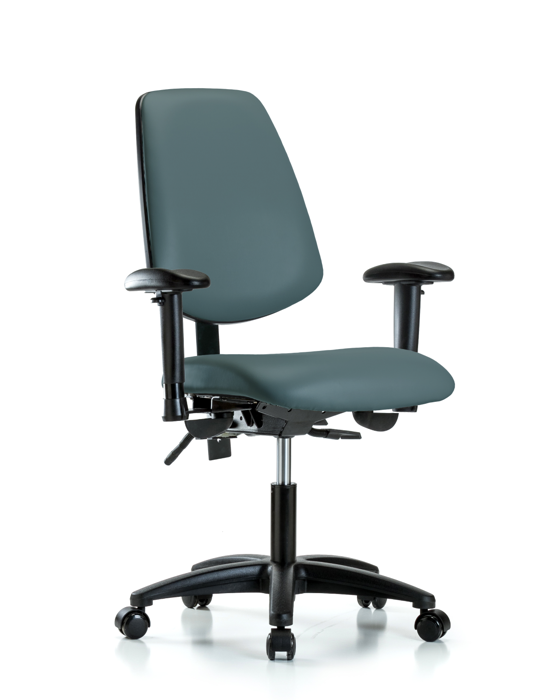 Blue Ridge Ergonomics VDHCH-MB-RG-T0-A1-RC-8546 Rutledge Vinyl Chair - Desk Height with Medium Back, Adjustable Arms, & Casters in Colonial Blue Trailblazer™ Vinyl