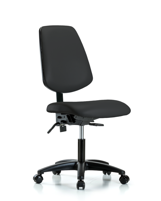 Blue Ridge Ergonomics VDHCH-MB-RG-T1-A0-RC-8540 Rutledge Vinyl Chair - Desk Height with Medium Back, Seat Tilt, & Casters in Black Trailblazer™ Vinyl