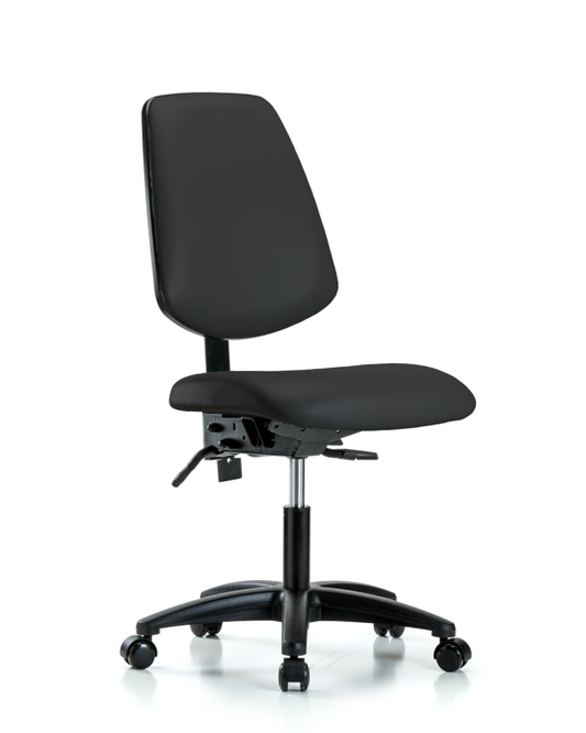 Blue Ridge Ergonomics VDHCH-MB-RG-T1-A0-RC-8540 Rutledge Vinyl Chair - Desk Height with Medium Back, Seat Tilt, & Casters in Black Trailblazer™ Vinyl