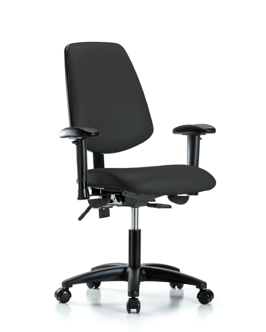 Blue Ridge Ergonomics VDHCH-MB-RG-T1-A1-RC-8540 Rutledge Vinyl Chair - Desk Height with Medium Back, Seat Tilt, Adjustable Arms, & Casters in Black Trailblazer™ Vinyl