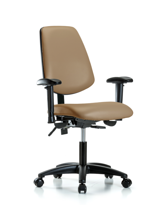 Blue Ridge Ergonomics VDHCH-MB-RG-T1-A1-RC-8584 Rutledge Vinyl Chair - Desk Height with Medium Back, Seat Tilt, Adjustable Arms, & Casters in Taupe Trailblazer™ Vinyl