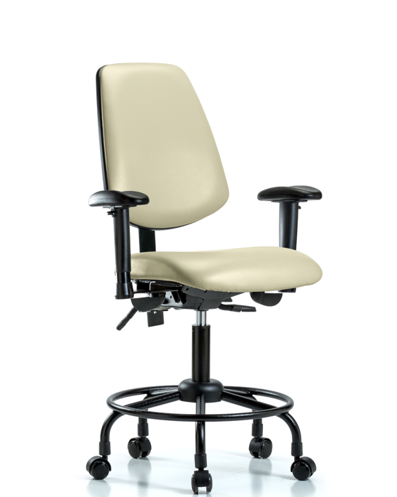 Blue Ridge Ergonomics VDHCH-MB-RT-T0-A1-RC-8501 Rutledge Vinyl Chair - Desk Height with Round Tube Base, Medium Back, Adjustable Arms, & Casters in Adobe White Trailblazer™ Vinyl
