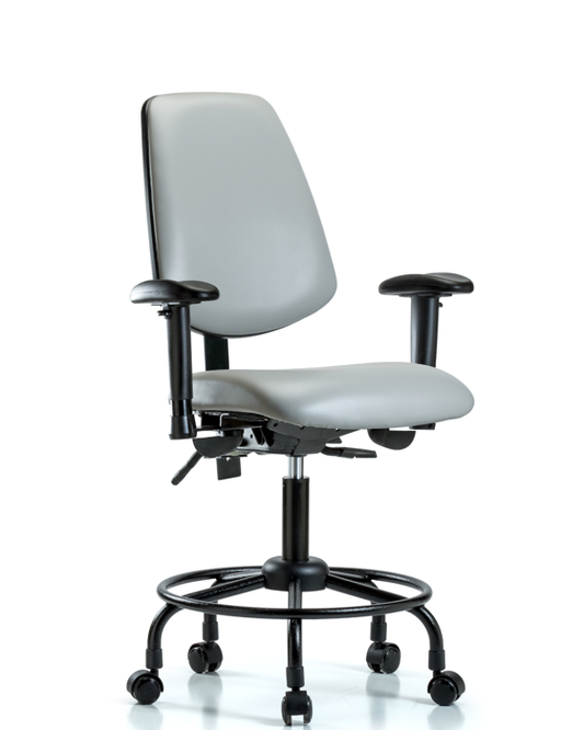 Blue Ridge Ergonomics VDHCH-MB-RT-T0-A1-RC-8567 Rutledge Vinyl Chair - Desk Height with Round Tube Base, Medium Back, Adjustable Arms, & Casters in Dove Trailblazer™ Vinyl