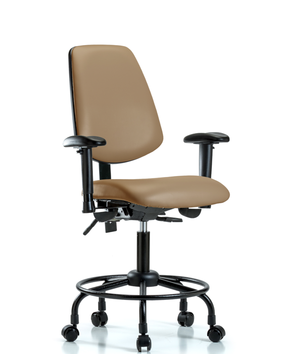 Blue Ridge Ergonomics VDHCH-MB-RT-T0-A1-RC-8584 Rutledge Vinyl Chair - Desk Height with Round Tube Base, Medium Back, Adjustable Arms, & Casters in Taupe Trailblazer™ Vinyl