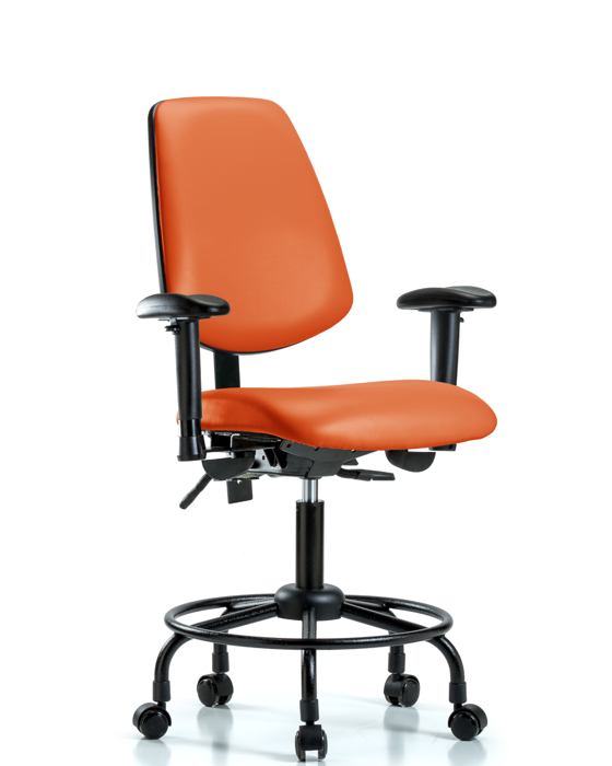 Blue Ridge Ergonomics VDHCH-MB-RT-T0-A1-RC-8613 Rutledge Vinyl Chair - Desk Height with Round Tube Base, Medium Back, Adjustable Arms, & Casters in Orange Kist Trailblazer™ Vinyl