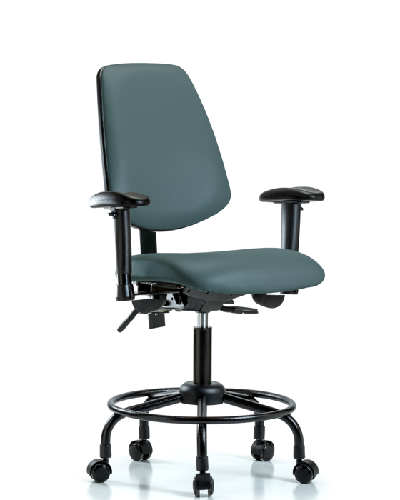 Blue Ridge Ergonomics VDHCH-MB-RT-T1-A1-RC-8546 Rutledge Vinyl Chair - Desk Height with Round Tube Base, Medium Back, Seat Tilt, Adjustable Arms, & Casters in Colonial Blue Trailblazer™ Vinyl