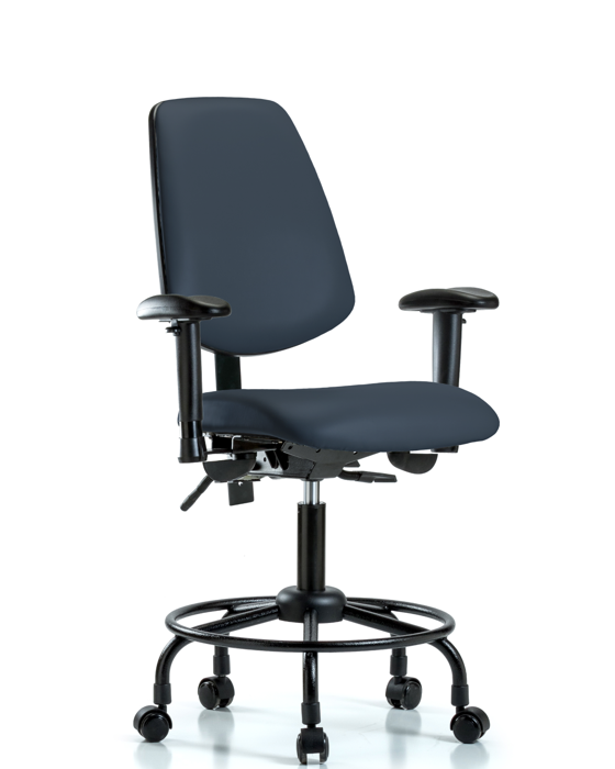 Blue Ridge Ergonomics VDHCH-MB-RT-T1-A1-RC-8582 Rutledge Vinyl Chair - Desk Height with Round Tube Base, Medium Back, Seat Tilt, Adjustable Arms, & Casters in Imperial Blue Trailblazer™ Vinyl