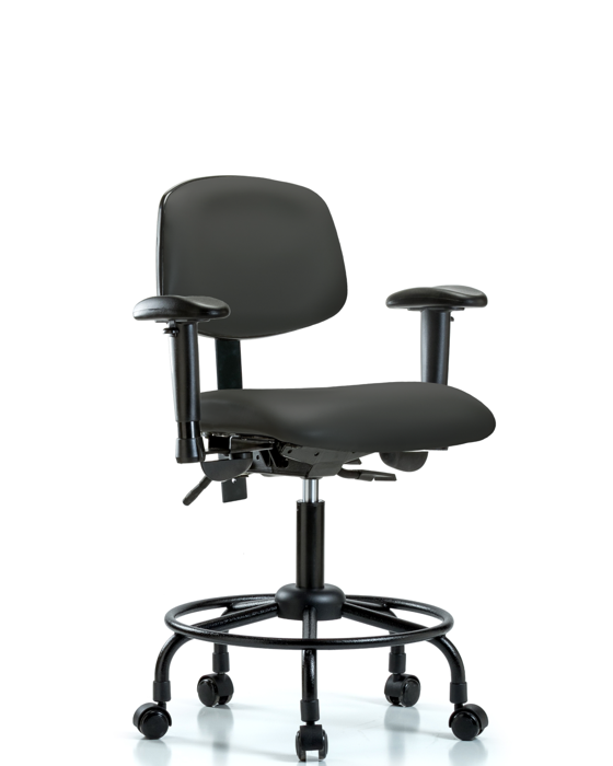 Blue Ridge Ergonomics VDHCH-RT-T0-A1-RC-8605 Rutledge Vinyl Chair - Desk Height with Round Tube Base, Adjustable Arms, & Casters in Charcoal Trailblazer™ Vinyl