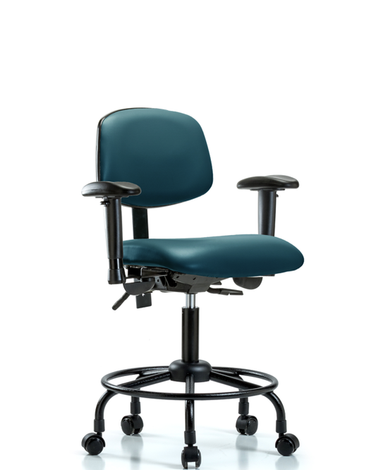 Blue Ridge Ergonomics VDHCH-RT-T0-A1-RC-8801 Rutledge Vinyl Chair - Desk Height with Round Tube Base, Adjustable Arms, & Casters in Marine Blue Supernova™ Vinyl